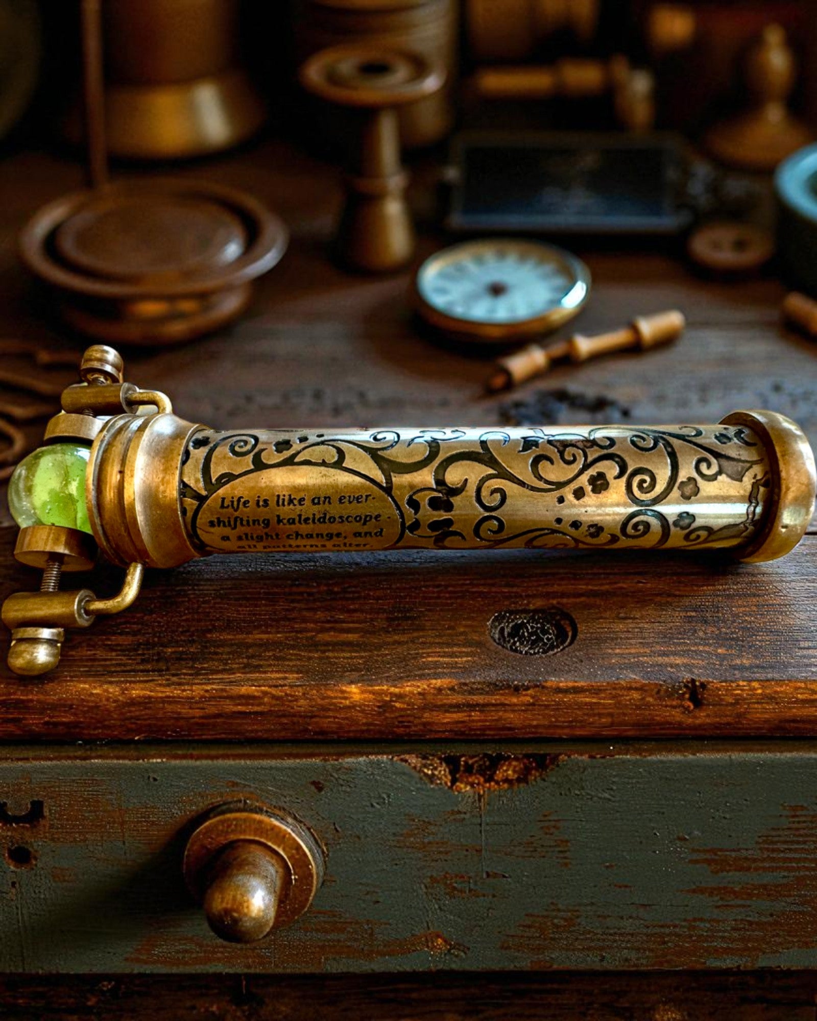 Vintage kaleidoskop „Emerald Dreams“, 15 cm – ručne vyrobený, s možnosťou personalizácie gravírovaním ako darček