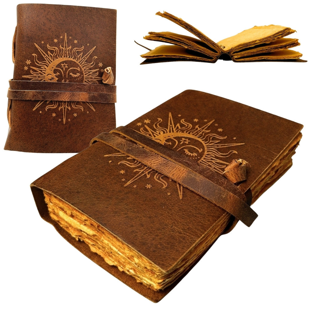 Notes Skórzany Vintage 200 stron z Grawerem - Słońce i Księżyc - Naturalna Skóra Bawola - Idealny na Prezent - 18x13 cm - Elegancki Dziennik z Papierem 150 GSM