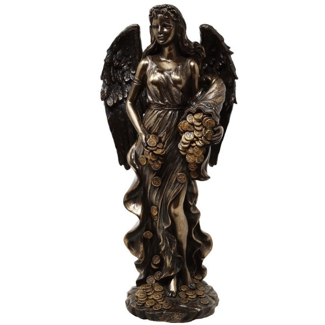 Figúrka Fortuna, bohyňa šťastia a bohatstva, 29cm s rohom hojnosti - personalizované gravírovanie na darček, elegantná dekorácia z konglomerátu živíc v odtieňoch hnedej a medi
