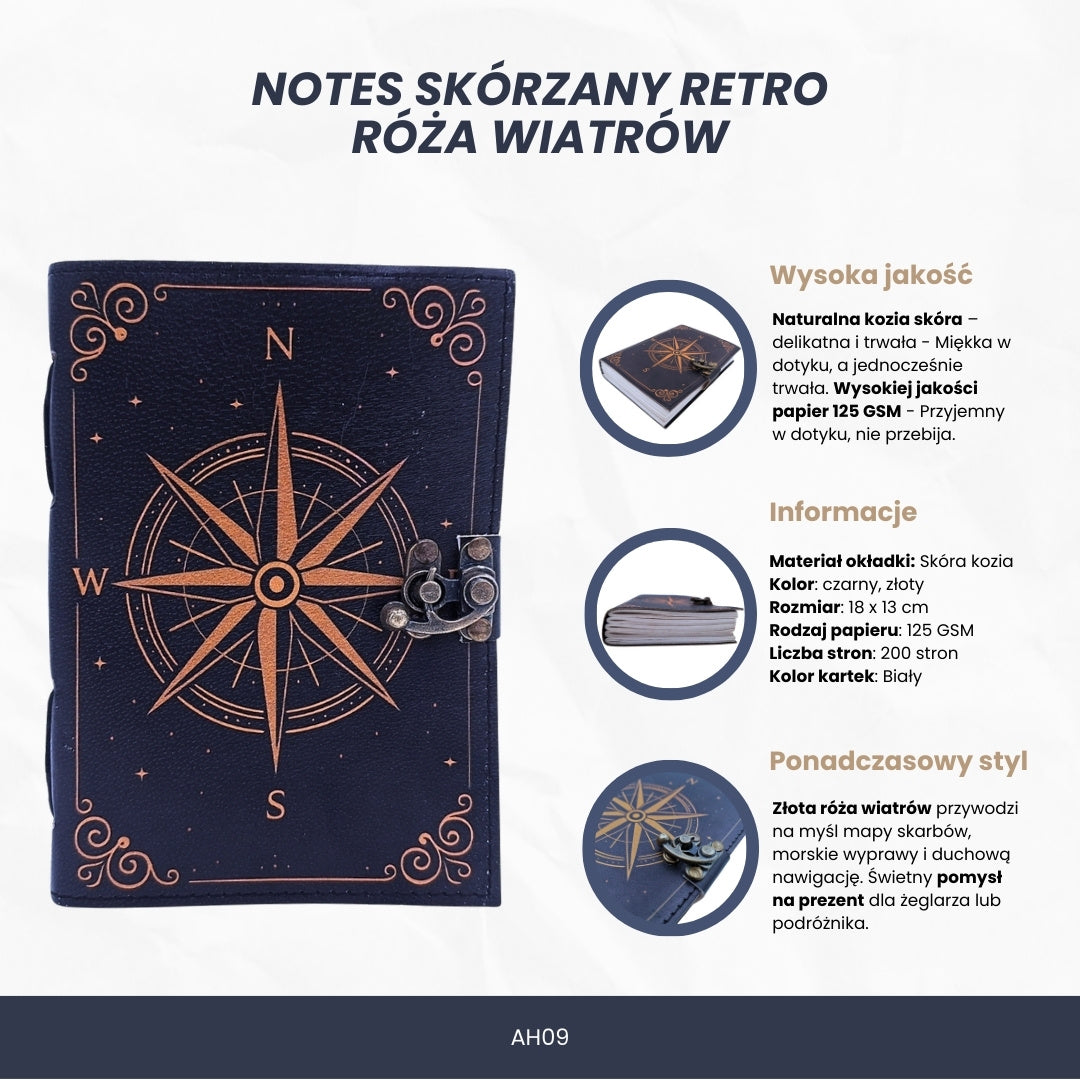 Kožený zápisník Veterná ružica Retro čierno-zlatý s personalizovaným gravírovaním