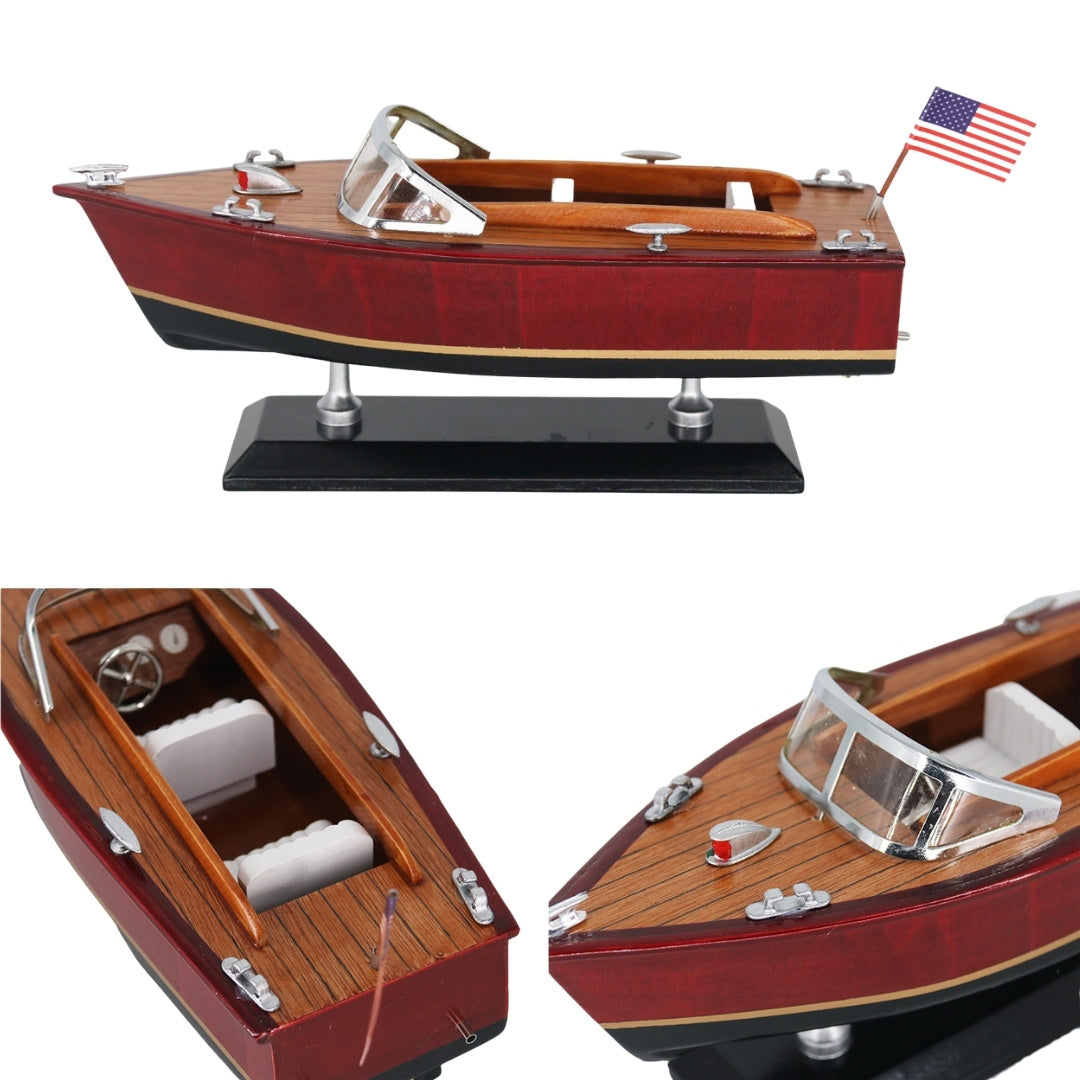 Model drevenej motorovej lode s gravírovaním – klasický motorový čln 26cm v hlbokých tónoch dreva