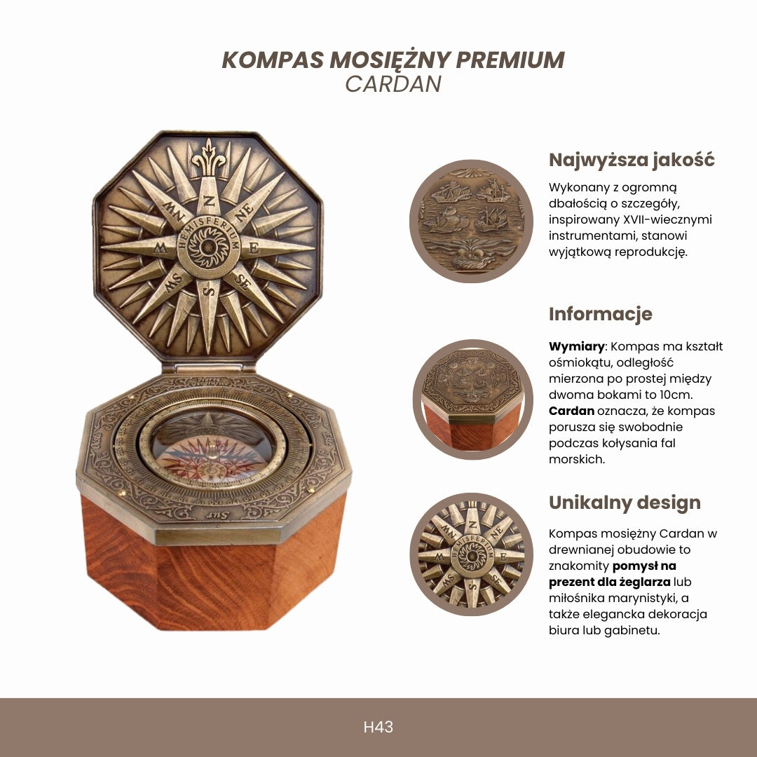 Exkluzívny magnetický kompas Cardan H43 z mosadze a dreva s personalizovaným gravírovaním