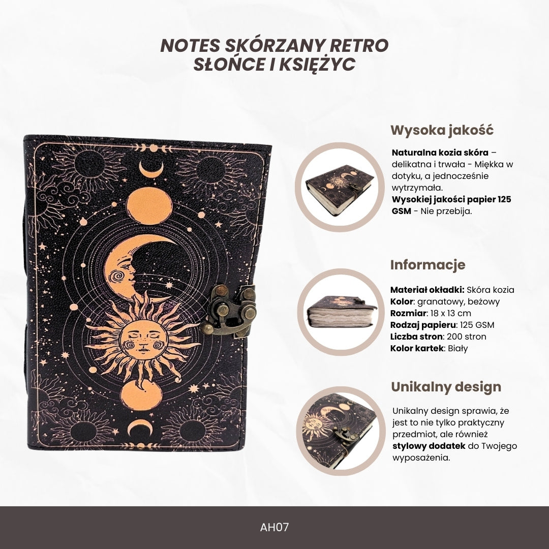 Ozdobný kožený zápisník Slnko a Mesiac 200 strán s možnosťou personalizácie gravírovaním, tmavomodrý, vyrobený z kozej kože, ideálny ako darček