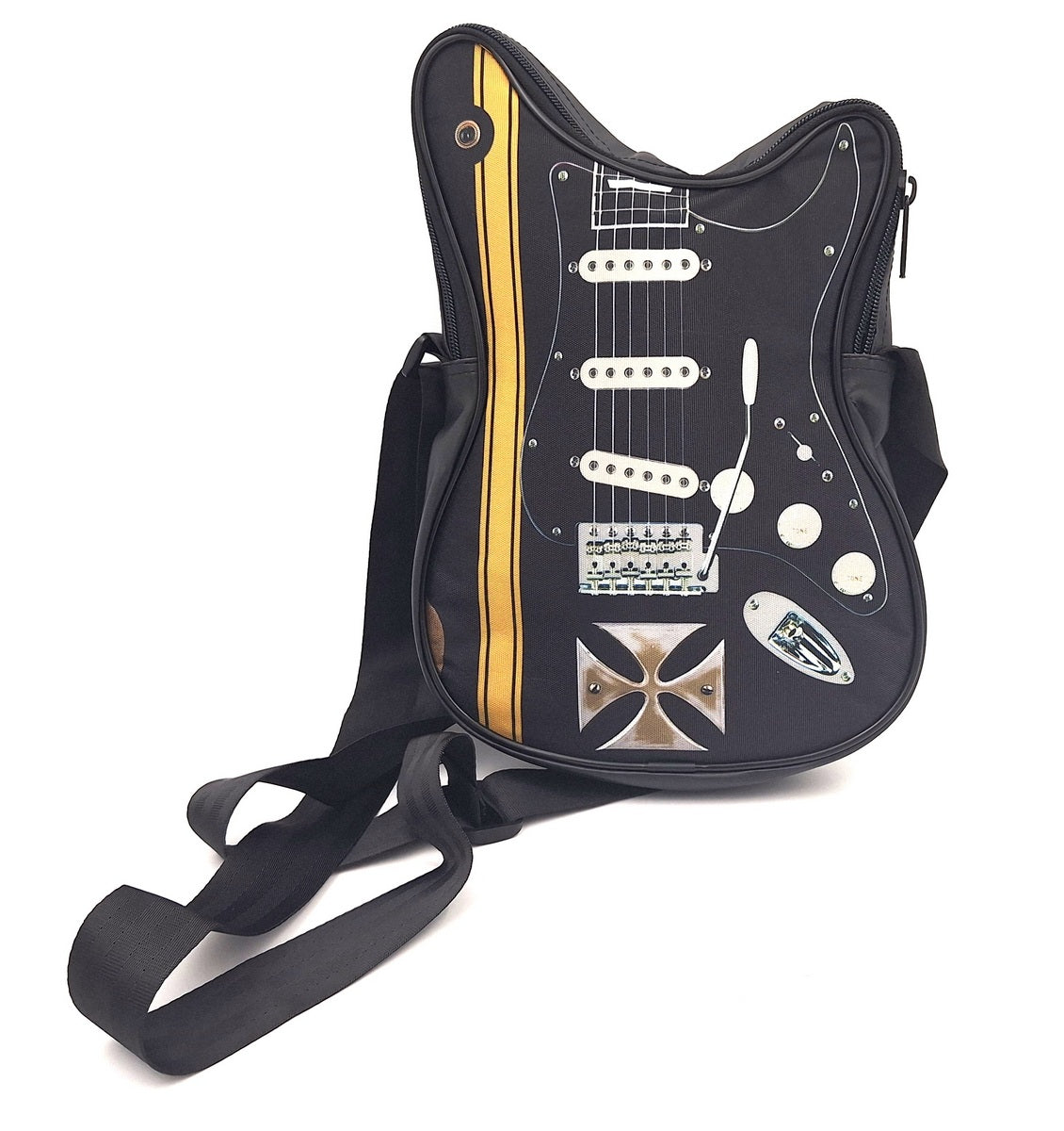 Taška cez rameno v tvare gitary s maltézskym krížom – personalizovaný darček pre gitaristu