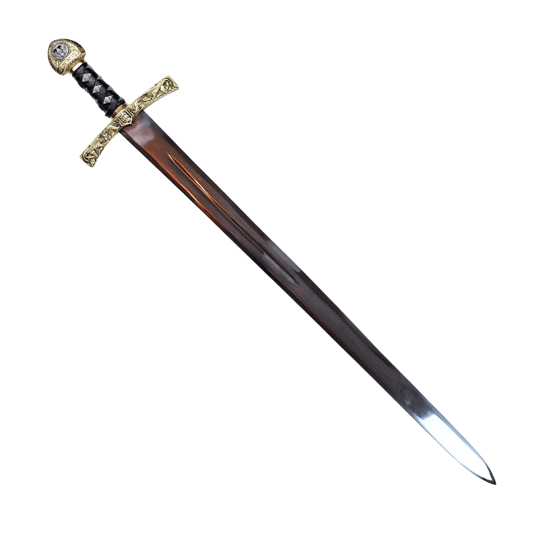 Replika meča Excalibur kráľa Artuša s gravírovaním – 98,5 cm, oceľová čepeľ, mosadzná rukoväť