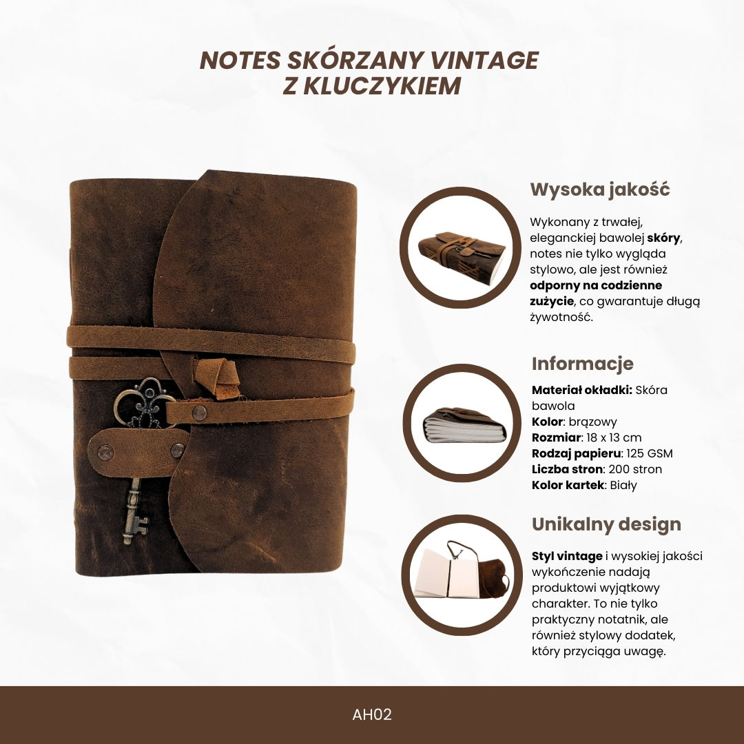 Kožený zápisník Retro s kľúčikom a remienkom 200 strán 18 x 13 cm