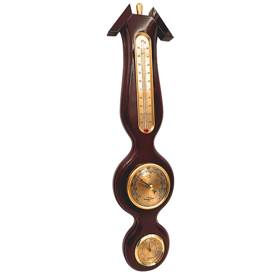 Elegantná meteorologická stanica 3v1 s gravírovaním – teplomer, barometer, vlhkomer v tmavom dreve, 40cm