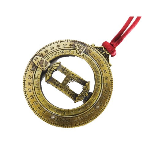 Miniatúrne slnečné hodiny H90 s astronomickými prstencami, personalizované gravírovanie, ideálny darček, bordový záves, vyhotovenie zo zamaku a mosadze, priemer 45mm