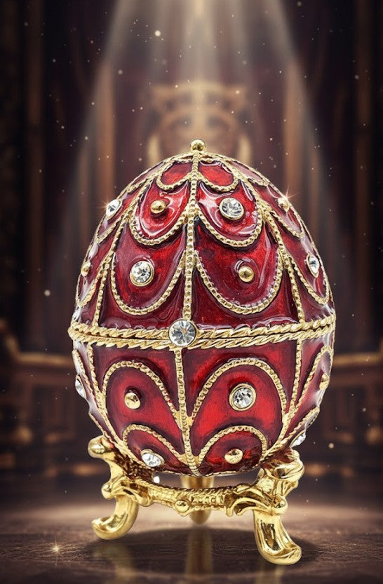 Exkluzívna kovová šperkovnica Fabergé s kryštálikmi v červeno-zlatej farbe, možnosť personalizácie gravírovaním, ideálna ako darček, rozmery 5,5x6,5cm