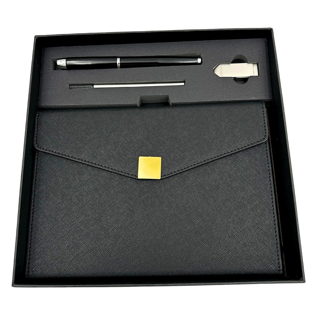 Elegancki Zestaw Prezentowy Premium z Personalizacją – Notes A5 Skórzany, Długopis i Pendrive 16GB w Czarno-Złotym Pudełku