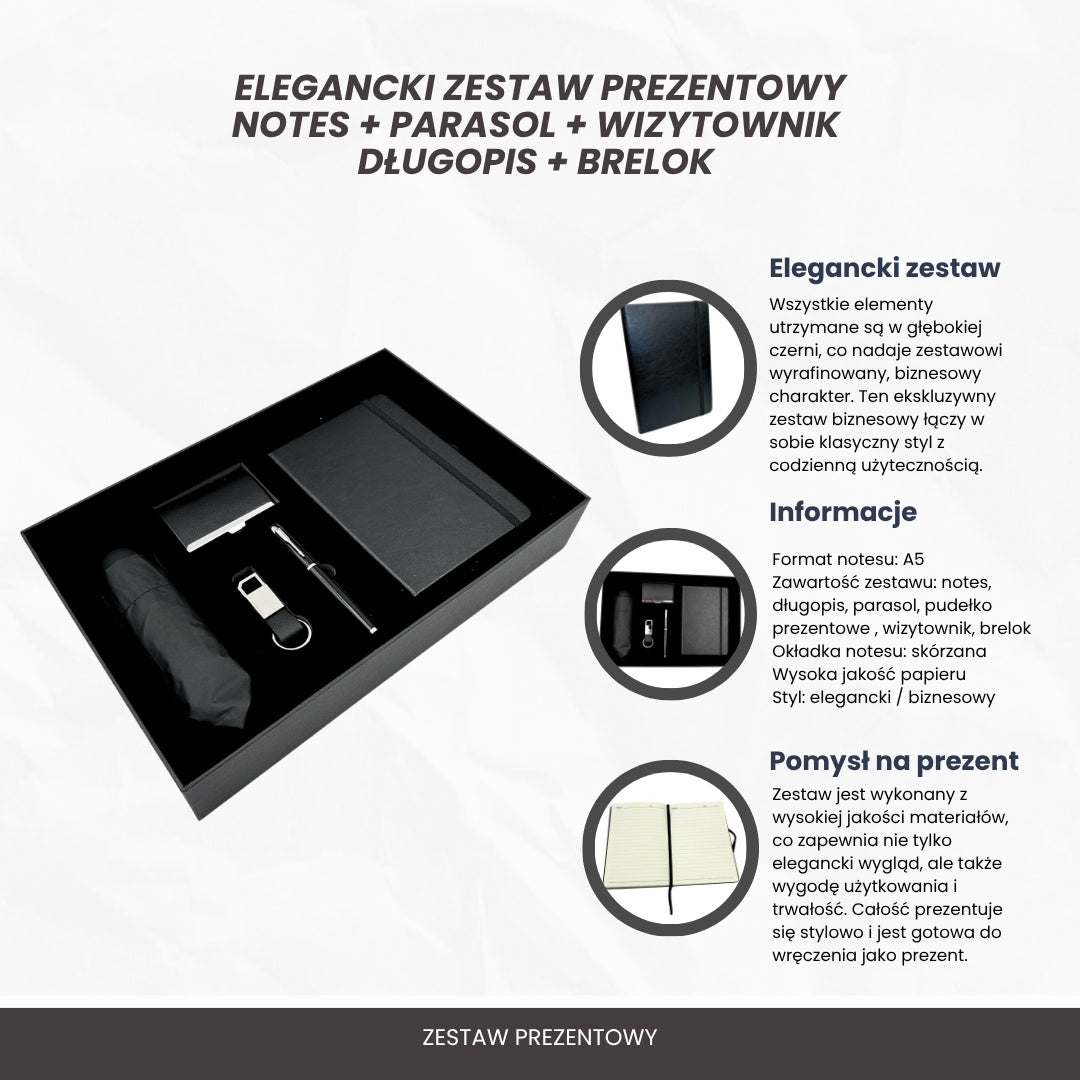 Elegantná darčeková súprava Classico s personalizáciou - kožený zápisník A5, dáždnik, pero, vizitkár a prívesok na kľúče v estetickej darčekovej krabičke