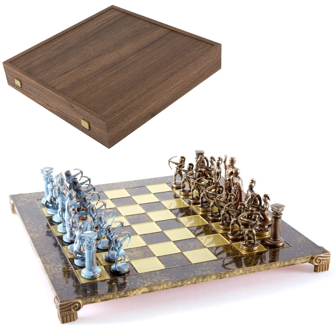 Mosadzné šachy Lukostrelci 44x44cm s možnosťou personalizácie gravírovaním - luxusný darček pre milovníkov mytológie a stratégie, vysokokvalitné ručne vyrobené figúrky