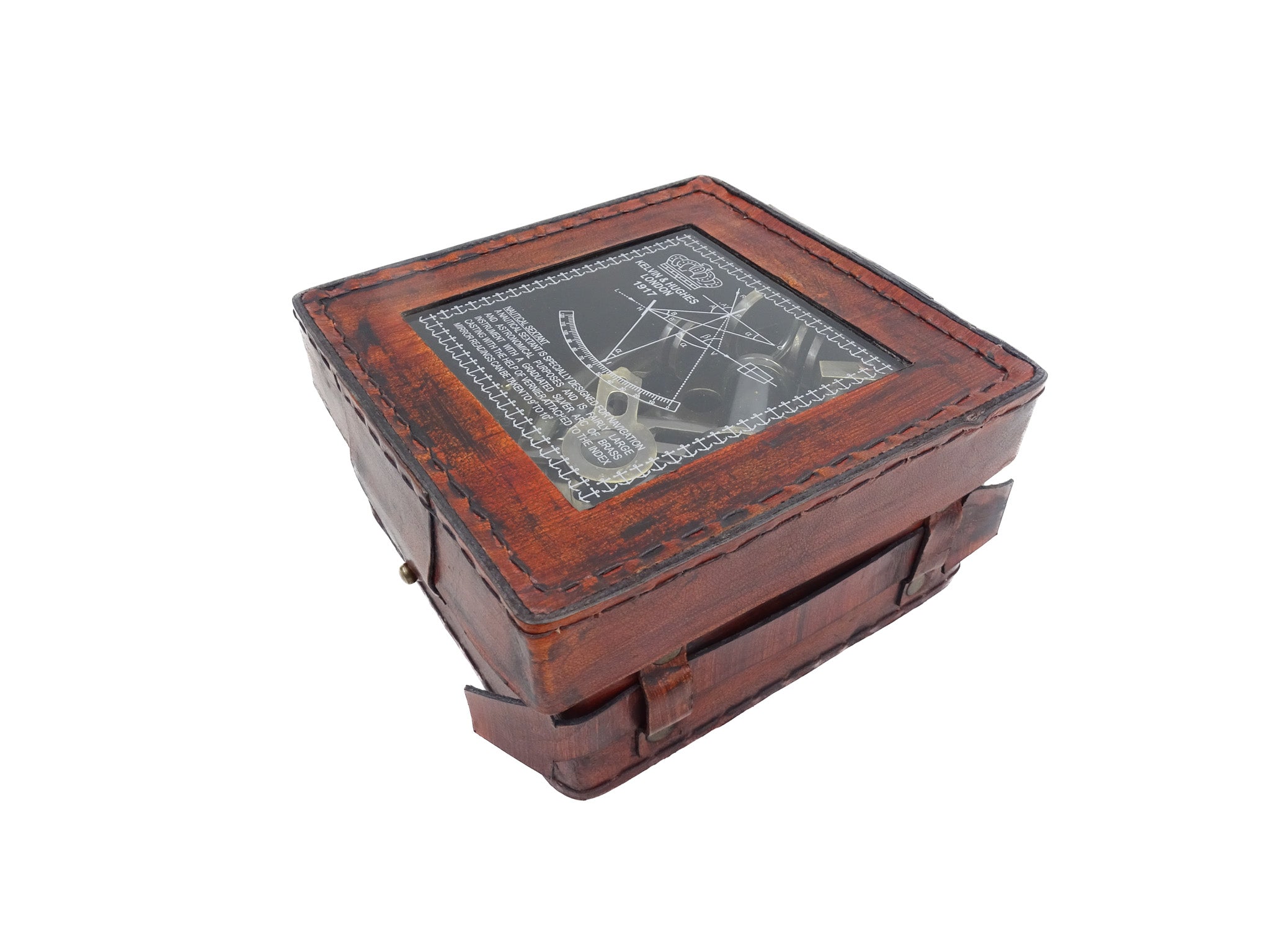 Sekstant Mosiężny z Grawerem w Skórzanym Pudełku - Replika z 1917 roku, Idealny na Prezent dla Żeglarzy i Astronomów, Wymiary 13x12x6 cm, Antyk, Materiał: Mosiądz i Szkło