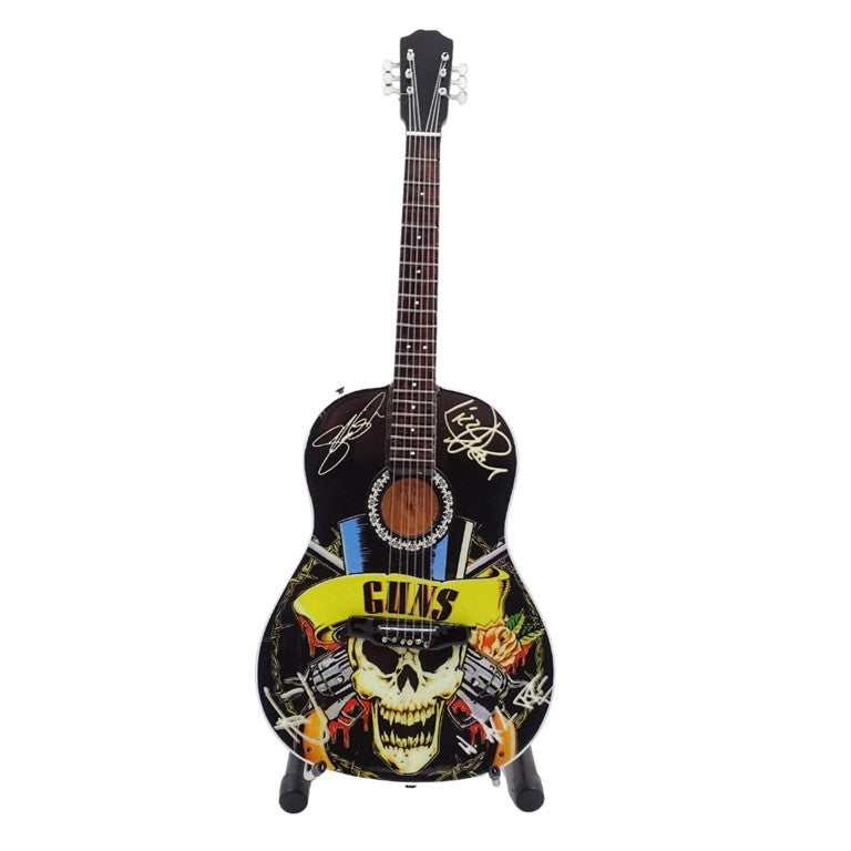 Mini klasická gitara Guns N' Roses Tribute MGT-3124 s možnosťou personalizácie gravírovaním, ideálna ako darček pre gitaristu, vyrobená z mahagónového dreva, výška 25 cm