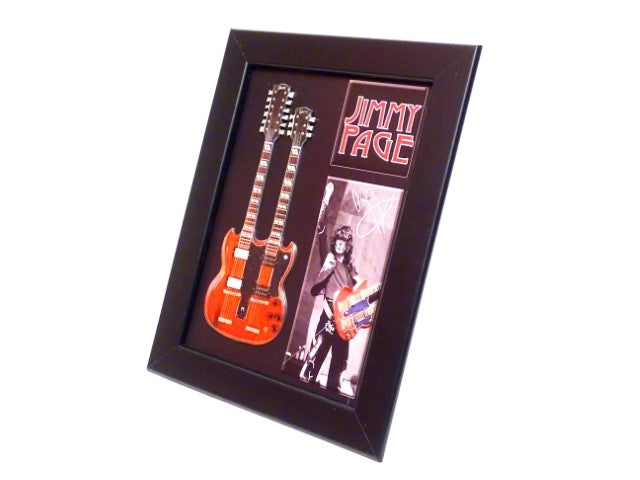 Mini gitara double neck w stylu Jimmy Page FMG-011 z możliwością personalizacji grawerem, idealna na prezent - drewniana ramka 1,3cm x 16cm x 21,4cm, stalowa konstrukcja