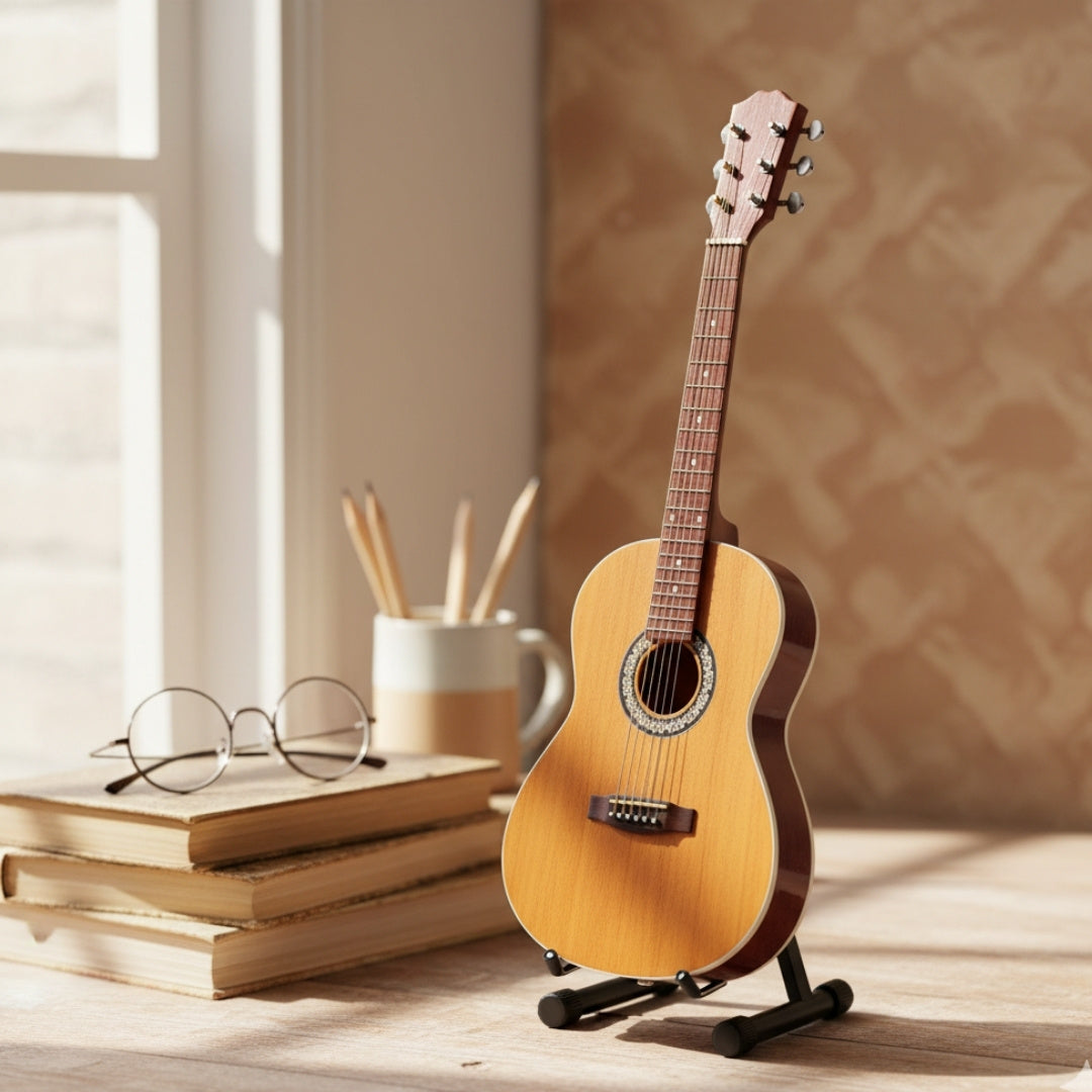 Mini klasická gitara s gravírovaním - drevená mahagónová dekorácia 25 cm