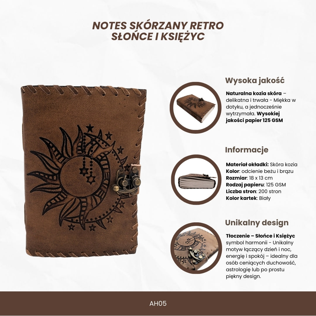 Kožený zápisník Retro Slnko a Mesiac 200 strán s možnosťou personalizácie gravírovaním, béžovo-hnedý, ideálny ako darček pre umelca alebo milovníka mágie každodennosti