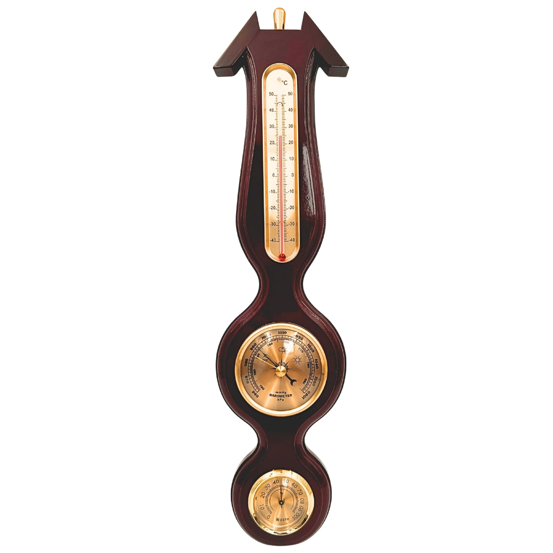 Elegantná meteorologická stanica 3v1 s gravírovaním – teplomer, barometer, vlhkomer v tmavom dreve, 40cm