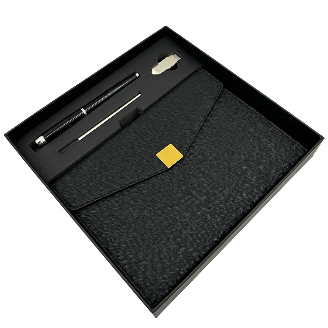 Elegancki Zestaw Prezentowy Premium z Personalizacją – Notes A5 Skórzany, Długopis i Pendrive 16GB w Czarno-Złotym Pudełku