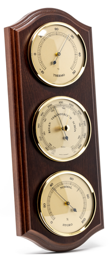 Meteorologická stanica Fischer 9176-22 s barometrom, vlhkomerom a teplomerom v mosadznom ráme na mahagónovej základni s možnosťou personalizácie gravírovaním