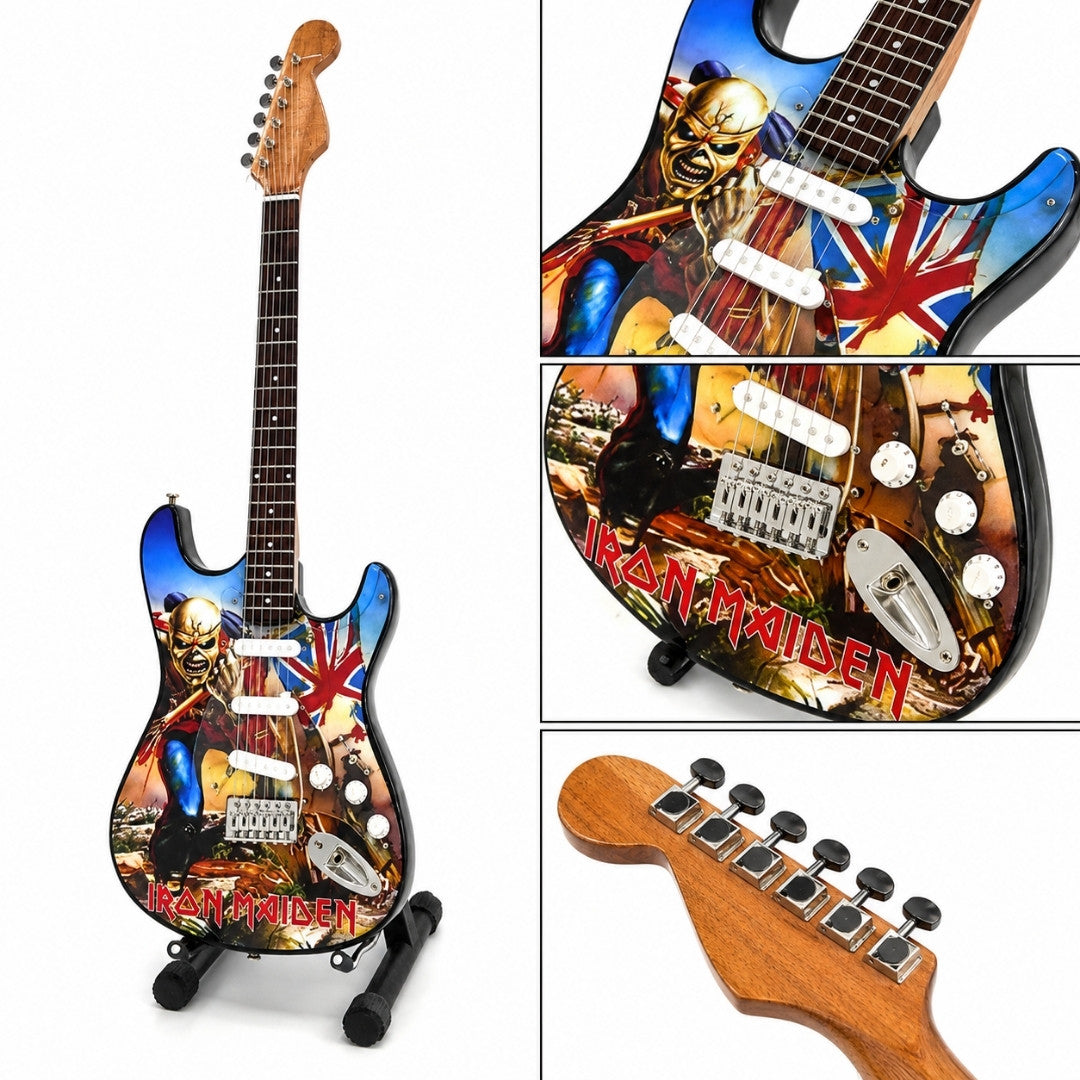 Mini dekoratívna gitara Iron Maiden „The Trooper“ z mahagónu – ručne vyrobená ozdoba pre fanúšikov hudby