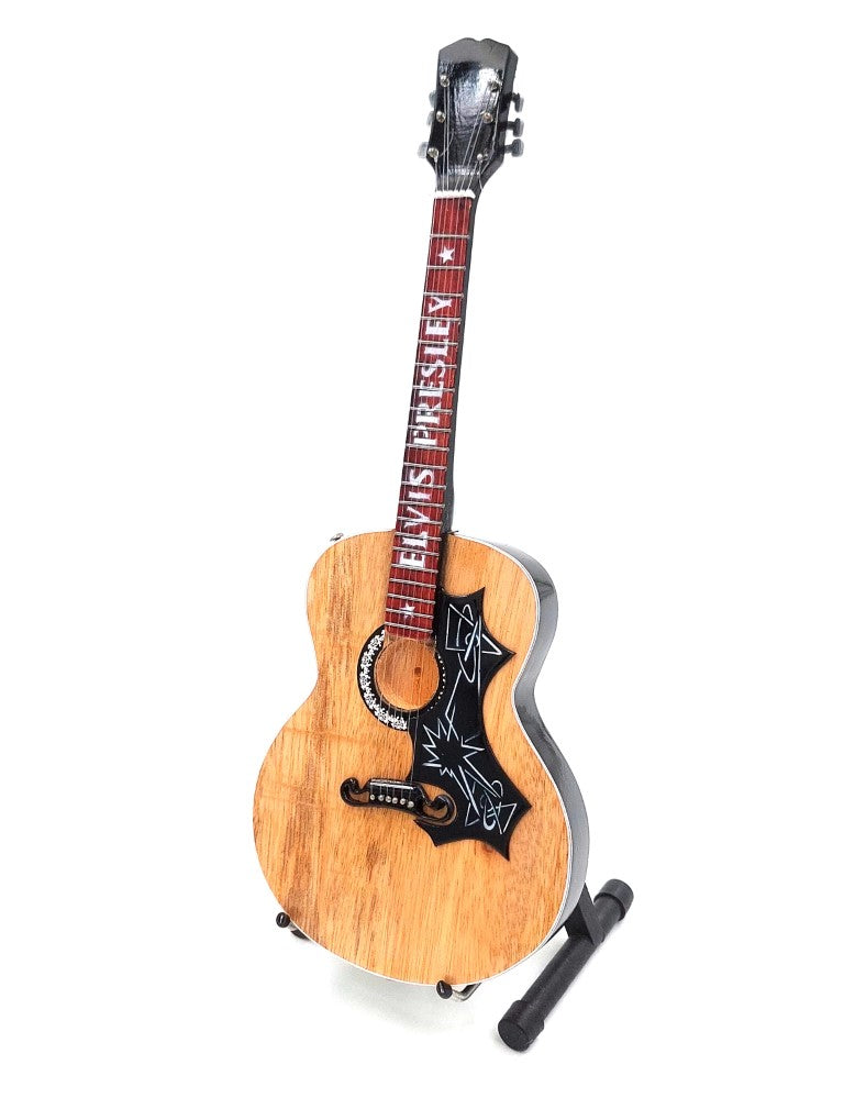 Mini gitara v štýle Elvisa MGT-0284 z mahagónového dreva, možnosť personalizácie gravírovaním, ideálna ako darček, výška 24,5 cm