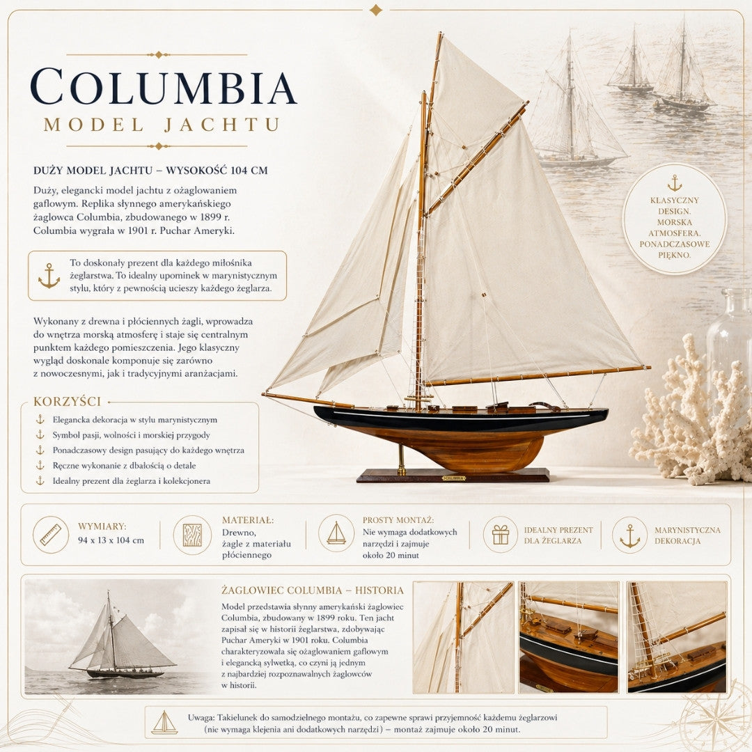 Model jachtu Columbia z ożaglowaniem gaflowym, wysokość 104 cm, drewniany, z możliwością personalizacji grawerem