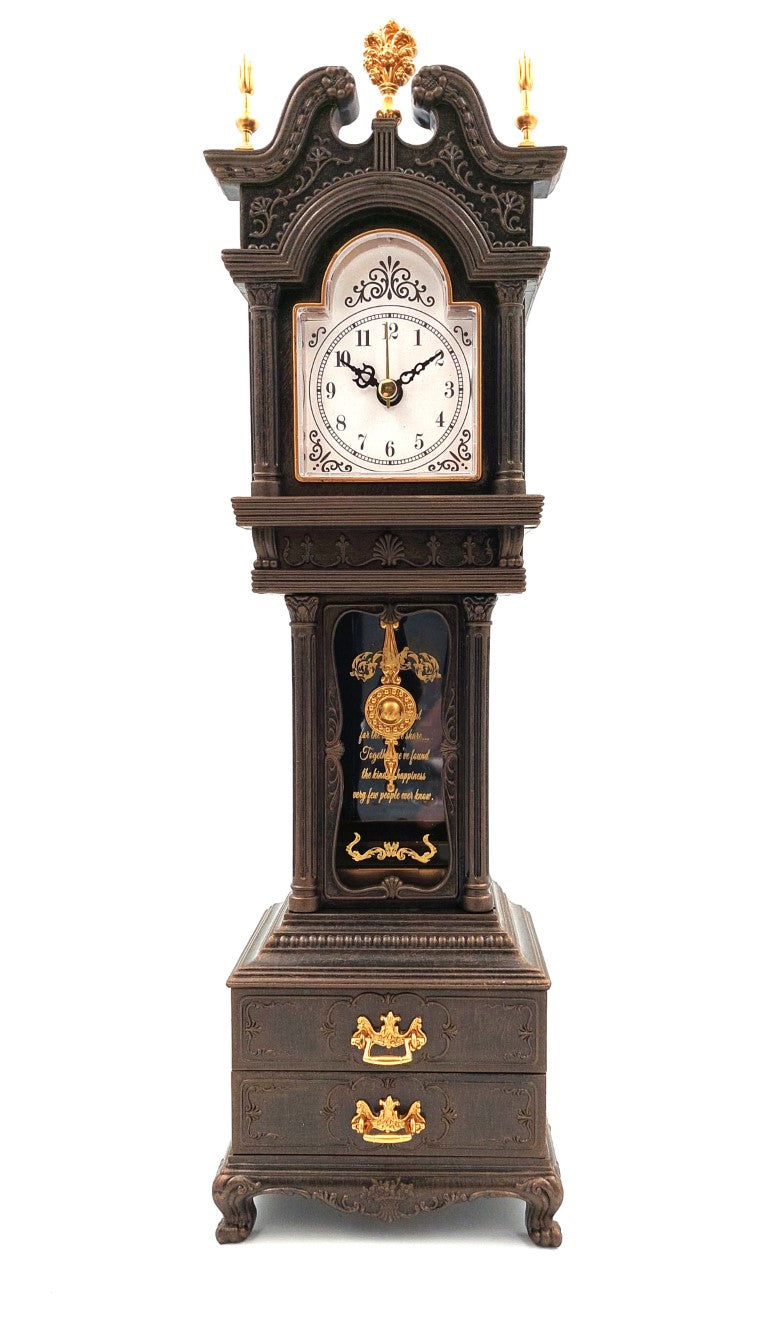 Retro stojacie hodiny s hracou skrinkou a personalizovaným gravírovaním, elegantná škatuľka na drobnosti, výška 37,5 cm, ideálny darček vo vintage štýle