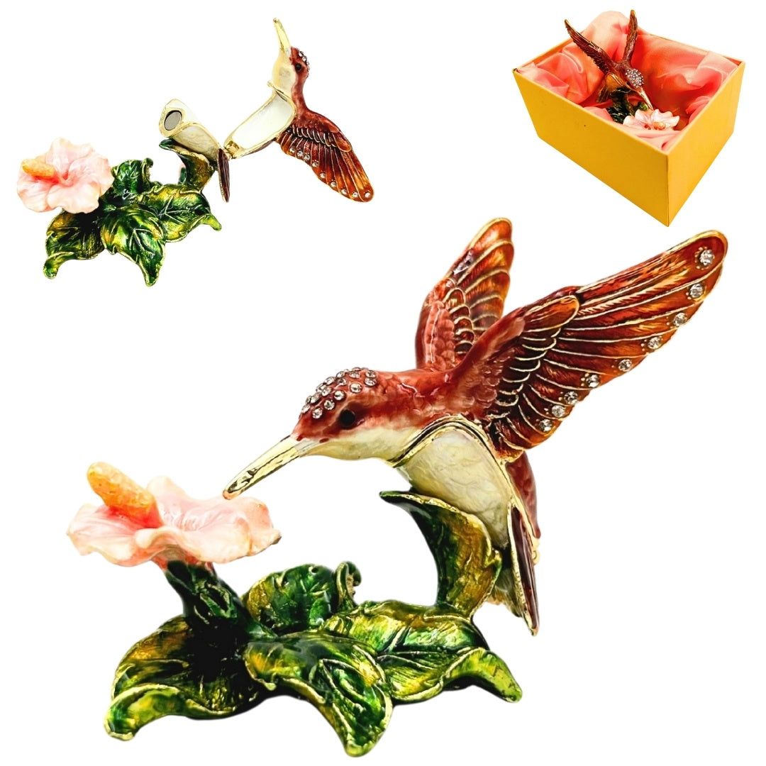Exkluzívna šperkovnica kolibrík s kryštálikmi, personalizované gravírovanie, kovová, 8x5.5x7 cm