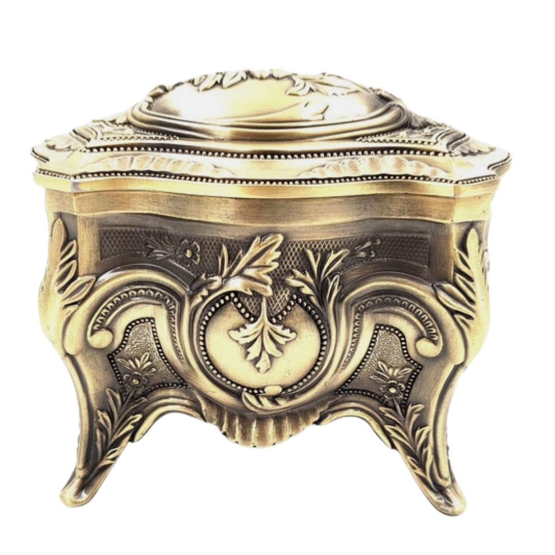 Zlatá kovová retro šperkovnica s možnosťou personalizácie gravírovaním - elegantná a bohato zdobená, ideálna ako darček - rozmery: 10,8 x 7,7 x 9,2 cm, masívna a pôsobivá, výborná na uchovávanie cenných predmetov