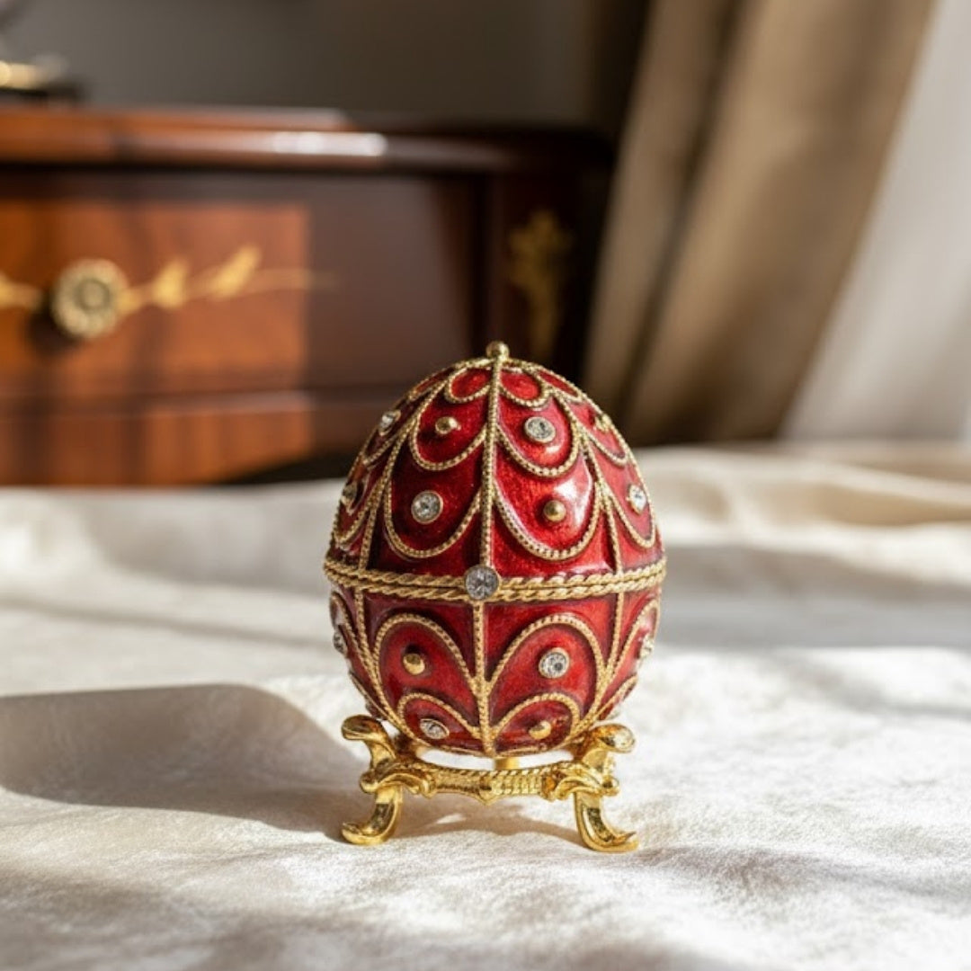 Exkluzívna kovová šperkovnica Fabergé s kryštálikmi v červeno-zlatej farbe, možnosť personalizácie gravírovaním, ideálna ako darček, rozmery 5,5x6,5cm