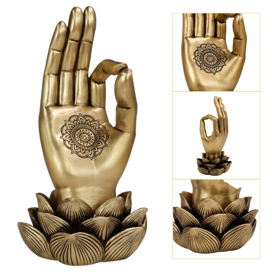 Złota Figurka Dłoń Buddy Mudra OM z Grawerem - Elegancka Dekoracja na Prezent - Kwiat Lotosu, 21cm, Polyresin, Styl Glamour