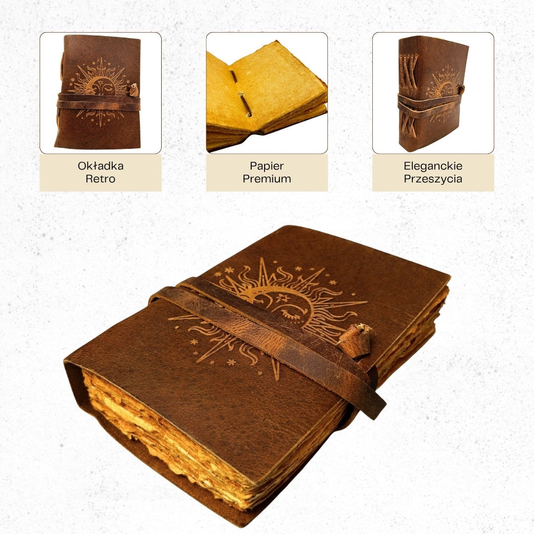 Notes Skórzany Vintage 200 stron z Grawerem - Słońce i Księżyc - Naturalna Skóra Bawola - Idealny na Prezent - 18x13 cm - Elegancki Dziennik z Papierem 150 GSM