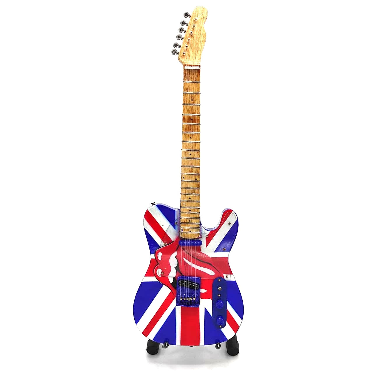 Zberateľská mini gitara Rolling Stones UK&Tongue MGT-2301B z mahagónového dreva, možnosť personalizácie gravírovaním, ideálny darček na každú príležitosť, výška 27,5 cm