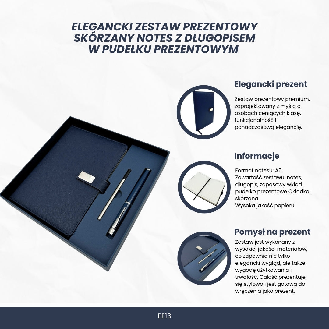 Elegantný tmavomodrý kožený zápisník A5 s perom a personalizovaným gravírovaním v darčekovej krabičke