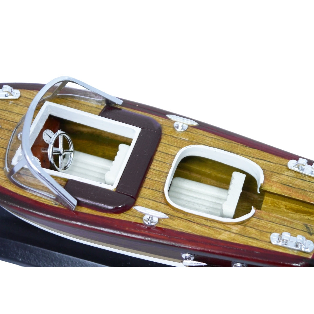 Model motorového člna Reeva z dreva 35x11x13 cm
