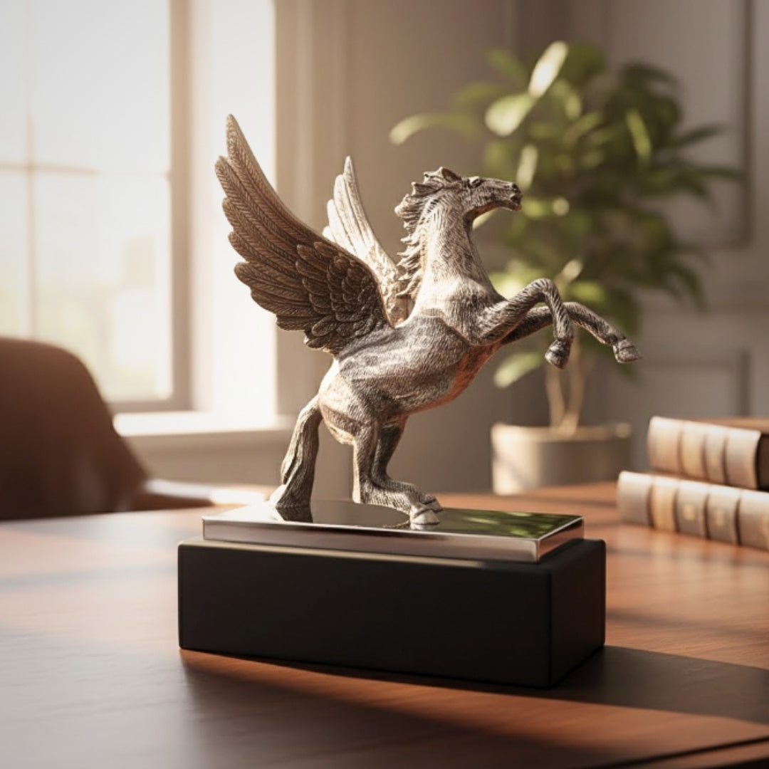 Dekoratívna figúrka Pegasa z hliníka na oceľovo-drevenom podstavci, personalizované gravírovanie, elegantný darček pre milovníkov gréckej mytológie, výška 36 cm, strieborná farba s čiernym podstavcom