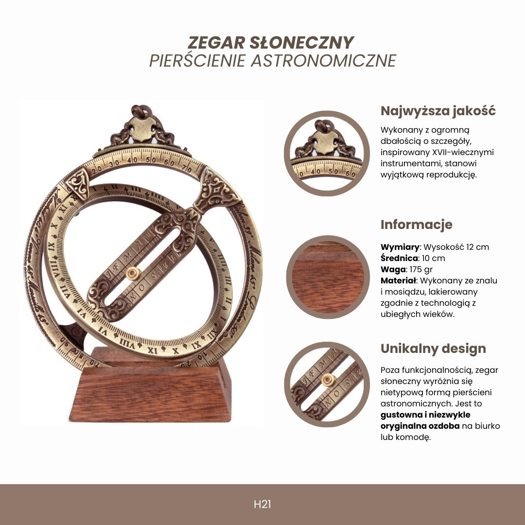 Slnečné hodiny H21 s astronomickými prstencami, personalizované gravírovaním, elegantný darček na písací stôl, výška 12 cm, mosadz a zamak