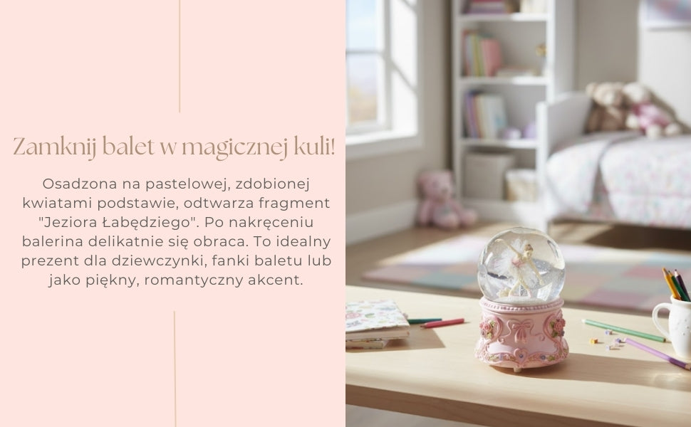 Tancujúca baletka v sklenenej guli 15cm s personalizovaným gravírovaním - elegantná hracia skrinka s pastelovou základňou a melódiou Labutie jazero