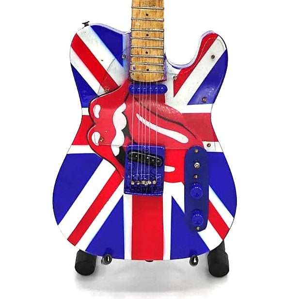 Zberateľská mini gitara Rolling Stones UK&Tongue MGT-2301B z mahagónového dreva, možnosť personalizácie gravírovaním, ideálny darček na každú príležitosť, výška 27,5 cm