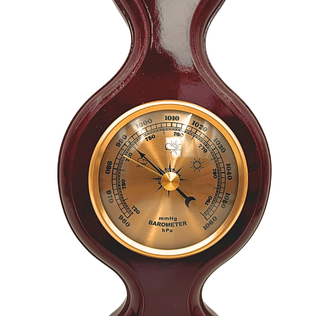 Elegantná meteorologická stanica 3v1 s gravírovaním – teplomer, barometer, vlhkomer v tmavom dreve, 40cm