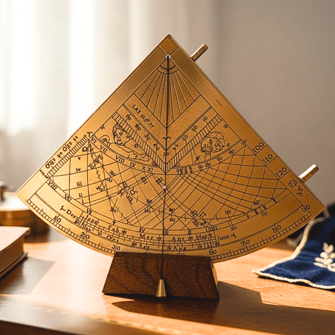 Mosadzný solárny kvadrant Gunter H39 s drevenou základňou, možnosť personalizácie gravírovaním, ideálny darček pre milovníkov astronómie, výška 17 cm, elegantné darčekové balenie