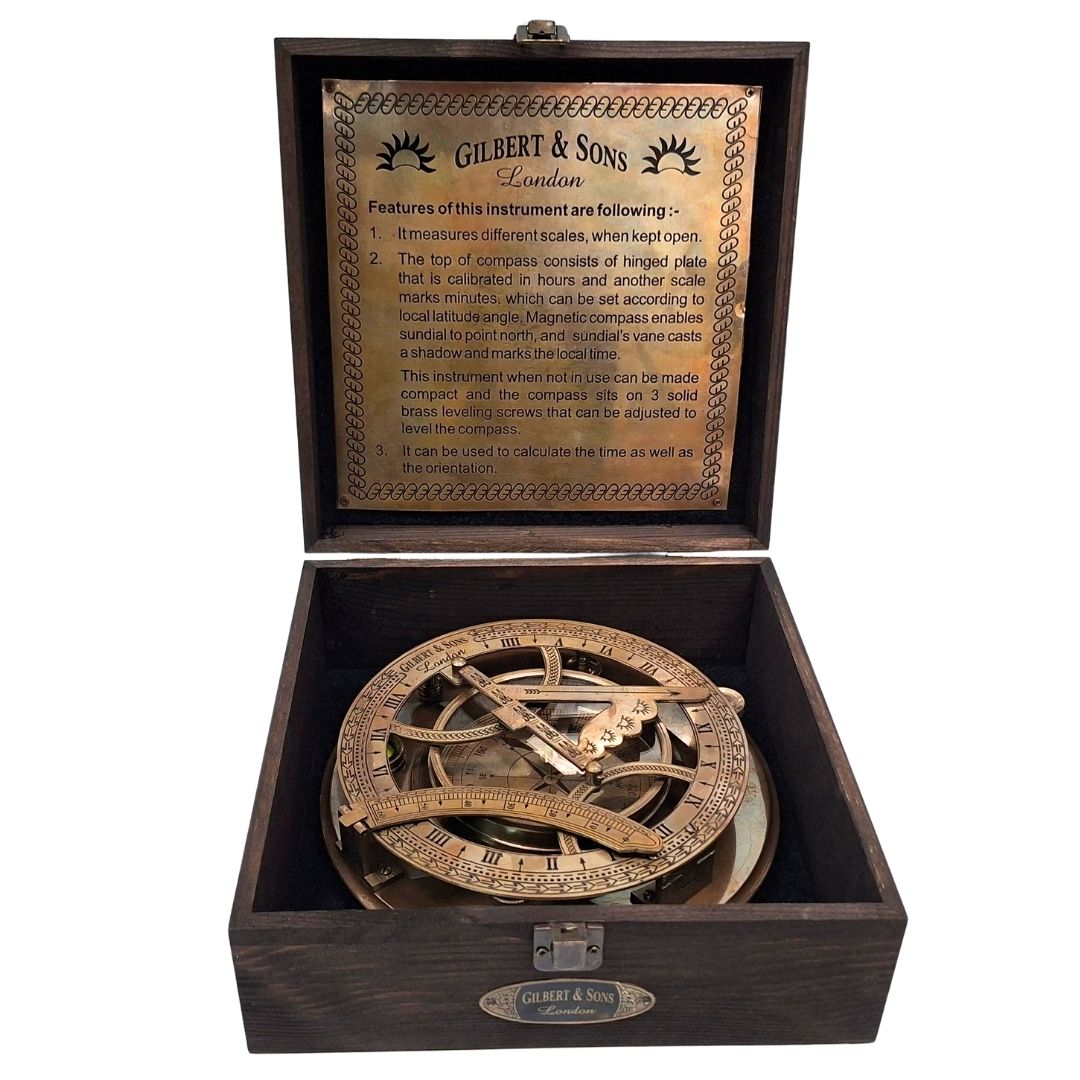 Mosadzný kompas 20 cm so slnečnými hodinami v drevenej krabičke s možnosťou personalizácie gravírovania