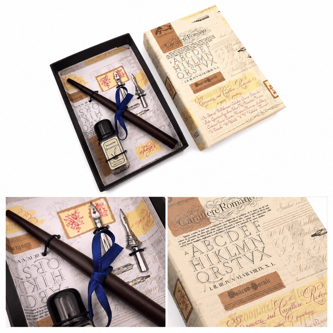 Zestaw do kaligrafii z personalizowanym grawerem - włoskie pióro z dwiema stalówkami i kałamarzem, idealny na prezent - eleganckie opakowanie 12.5x8,5x3cm
