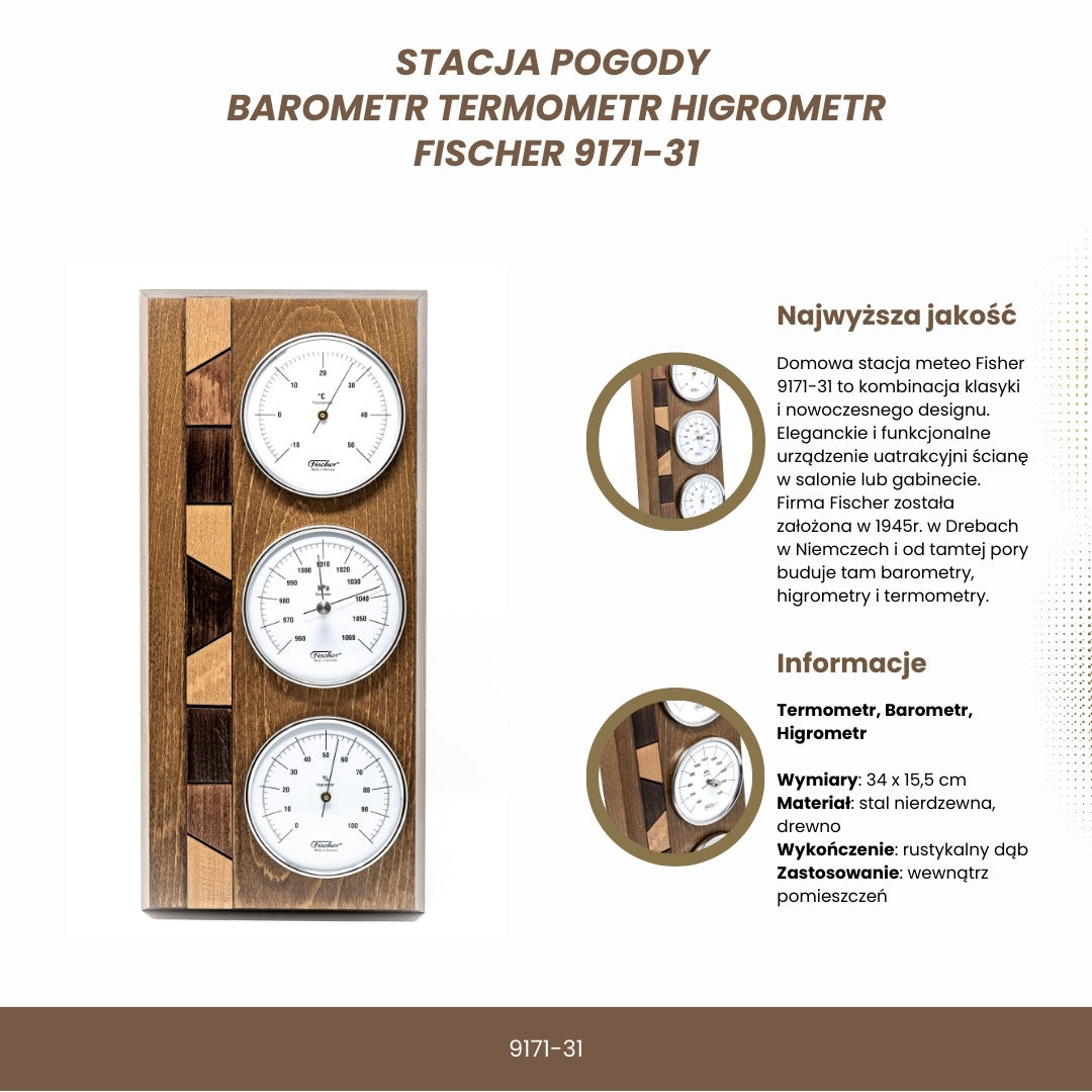 Meteorologická stanica Fischer 9171-31 s barometrom, vlhkomerom a teplomerom na drevenom podstavci s možnosťou personalizácie gravírovaním