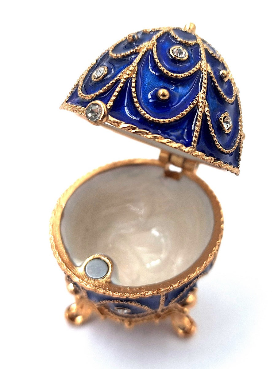 Exkluzívna kovová šperkovnica s kryštálikmi v tvare Fabergého vajíčka, tmavomodro-zlatá, 5,5x6,5cm s možnosťou personalizácie gravírovaním