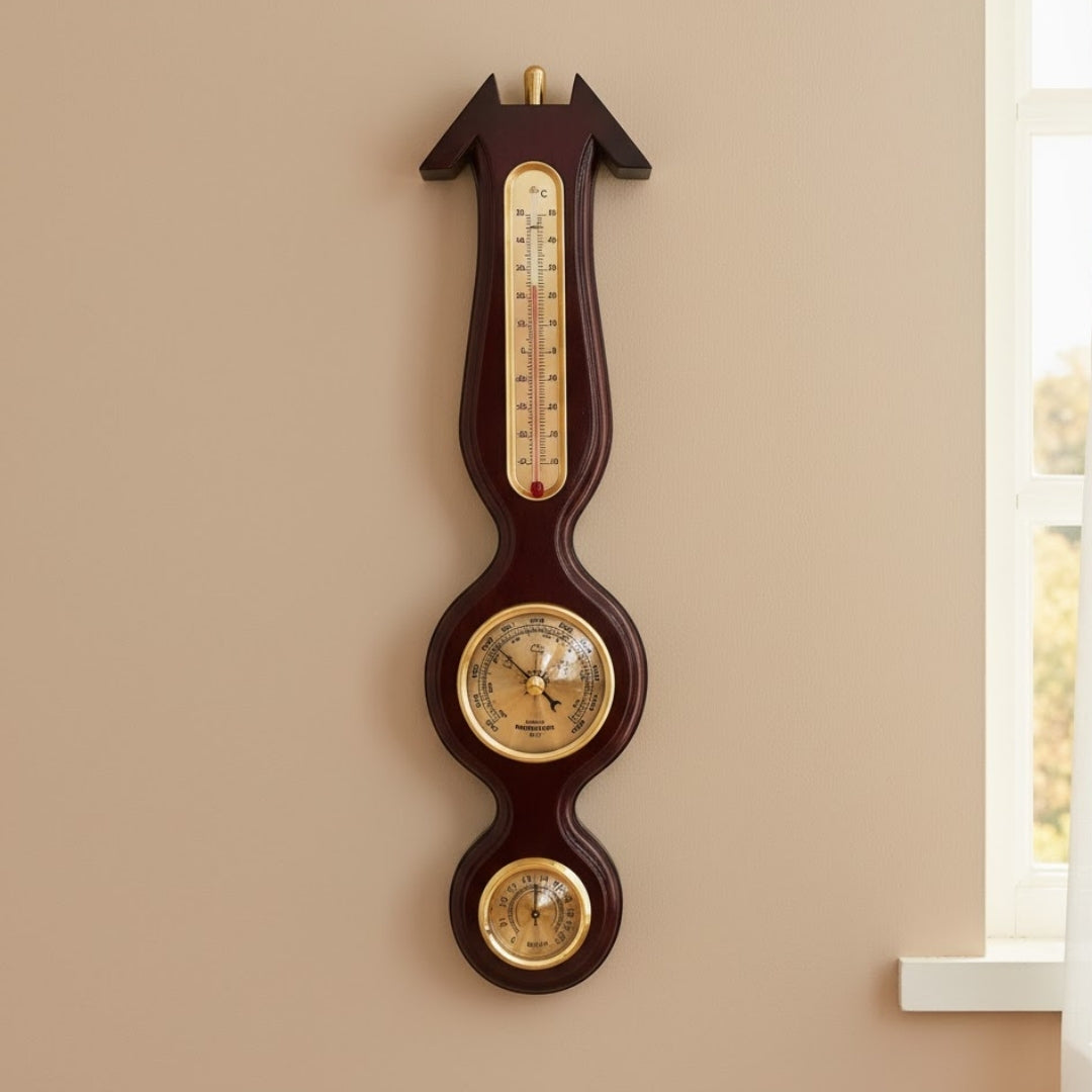 Elegantná meteorologická stanica 3v1 s gravírovaním – teplomer, barometer, vlhkomer v tmavom dreve, 40cm