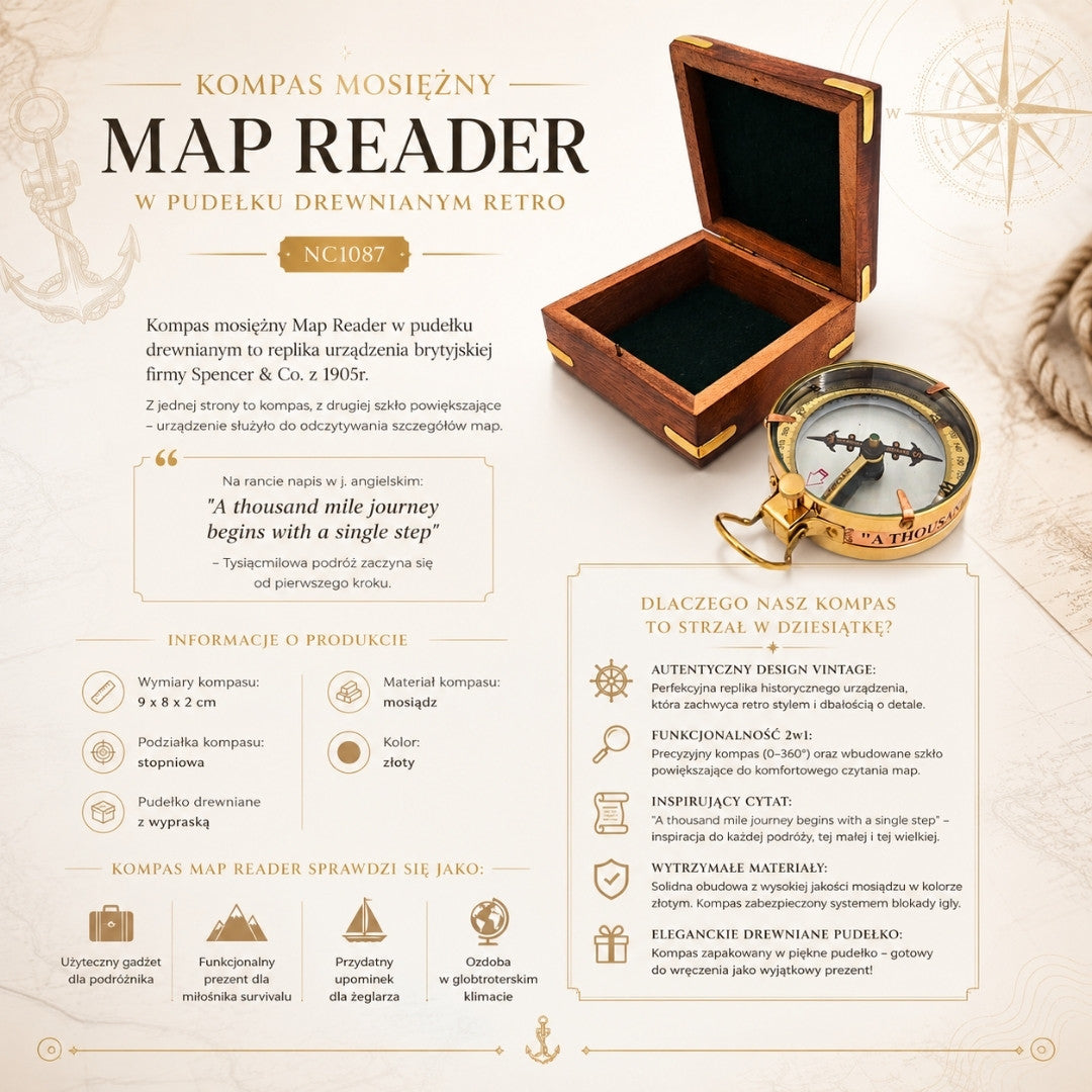 Mosadzný kompas Map Reader s gravírovaním v drevenej retro škatuľke