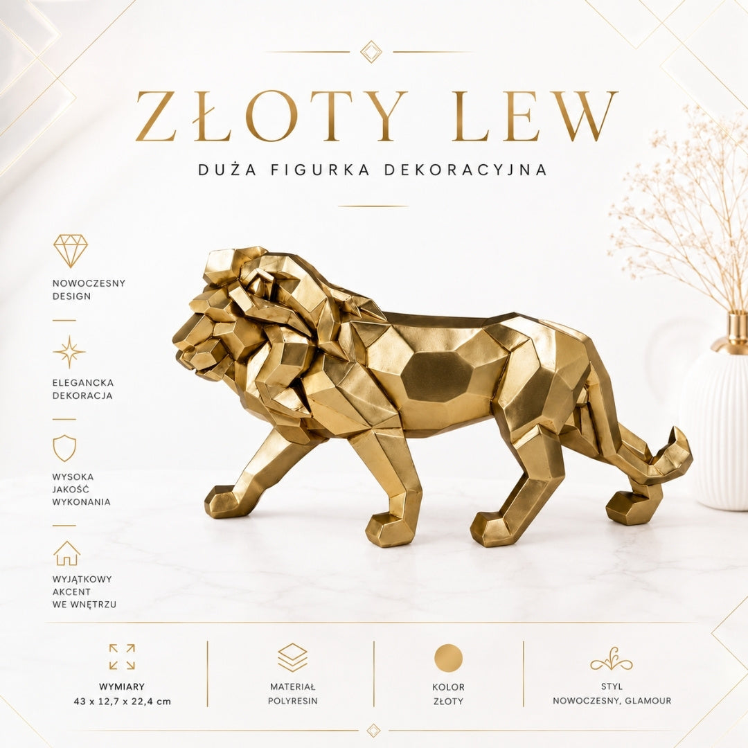 Veľká figúrka zlatého leva 43cm s možnosťou personalizácie gravírovaním - elegantná ozdoba ako darček, vysokokvalitný polyresin, moderný štýl glamour
