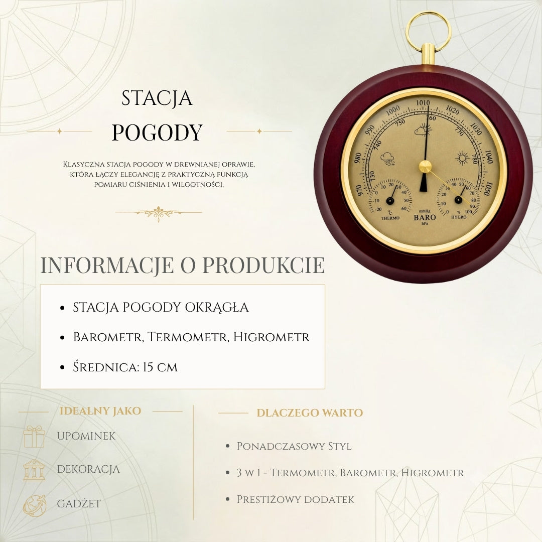 Stacja Pogody 3w1 YG386 z Grawerem - Elegancki Termometr, Barometr i Higrometr w Okrągłej Drewnianej Obudowie